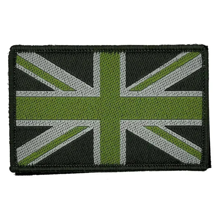 Green Union Jack patch with grey detailing and hook and loop backing, perfect for camouflage uniforms and field gear. Multicam from  John Bull Clothing