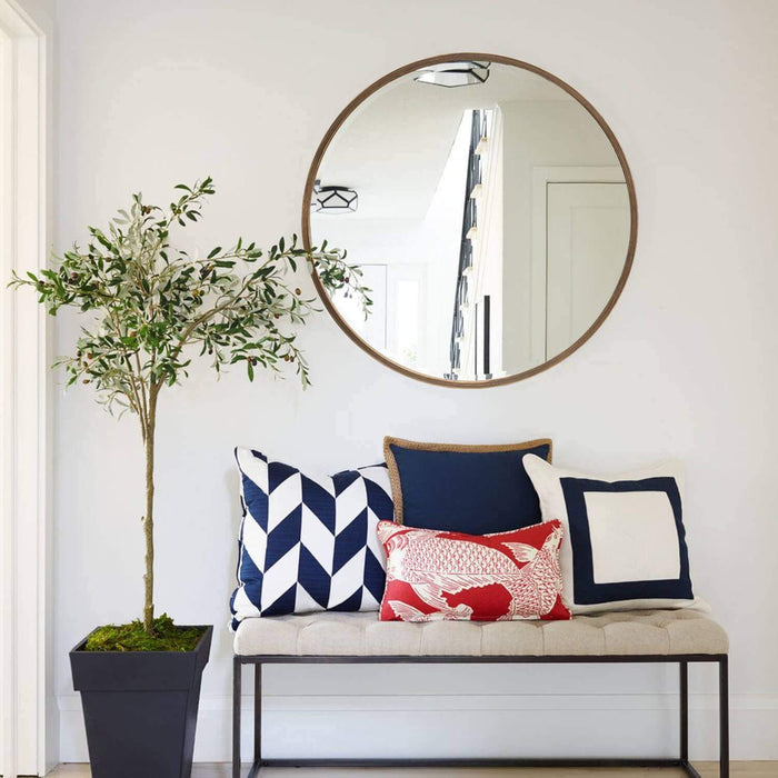 Light Brown Wood Frame Round Wall Mirror