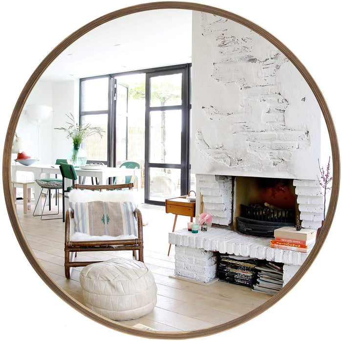 Light Brown Wood Frame Round Wall Mirror