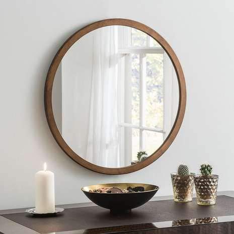 Light Brown Wood Frame Round Wall Mirror