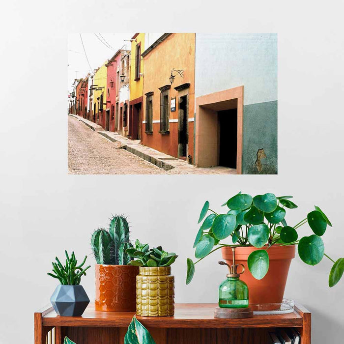 24 inch Colorful Mexican street scene architecture installed above a wooden shelf displaying potted plants.
