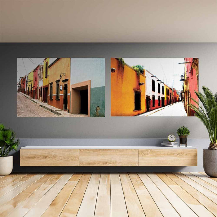 48 inch colorful Mexican street architecture decal installed above a wooden bench