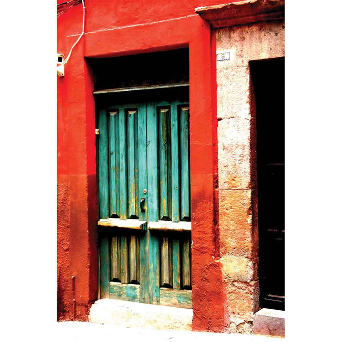 Red frame with green door of a Mexican home gloss poster printed  Wallhogs