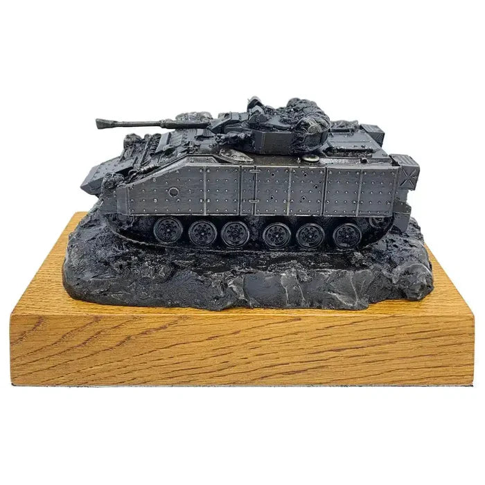 Warrior Armoured Fighting Vehicle Bronze Statue on oak base, detailed side view showing turret and track design for military decor collectors.  from  John Bull Clothing