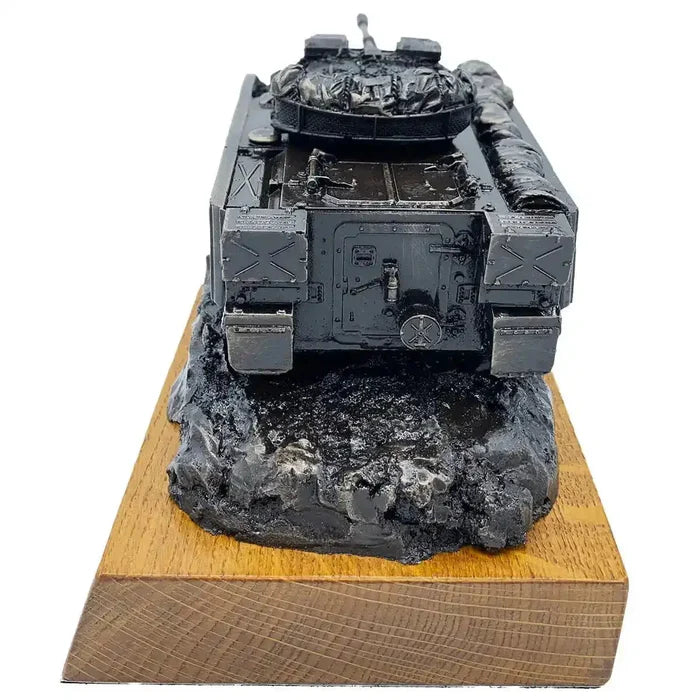 Rear view of Warrior Armoured Fighting Vehicle Bronze Statue mounted on solid oak base, ideal for army-themed home or office display.  from  John Bull Clothing
