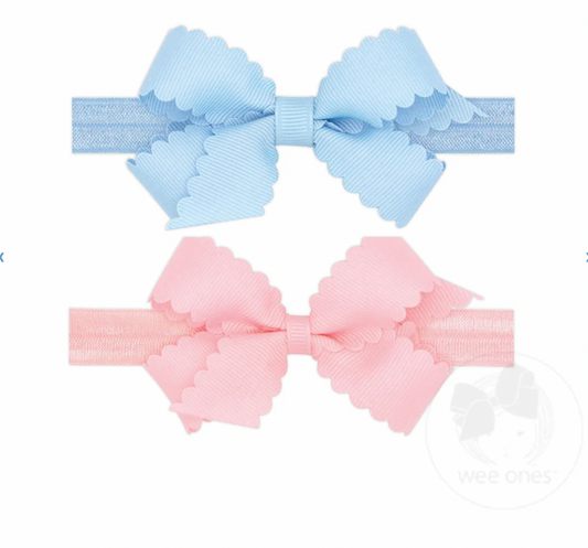 Wee Ones Bows - 2 Pack with Band - Light Pink and Millenium Blue Scalloped
