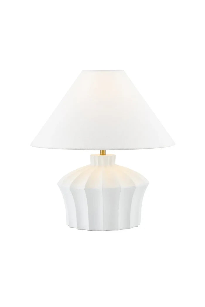white ribbed lamp with white shade and gold stem. modern white lamp