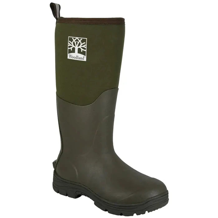 Woodland Mucker Wellington Boot Rubber Neoprene in green with rugged sole, ideal for outdoor yard work and country riding.  from  John Bull Clothing