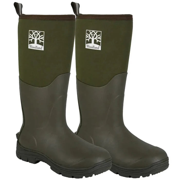 Pair of Woodland Mucker Wellington Boots made of durable rubber and neoprene, designed for unisex outdoor use in tough conditions.  from  John Bull Clothing