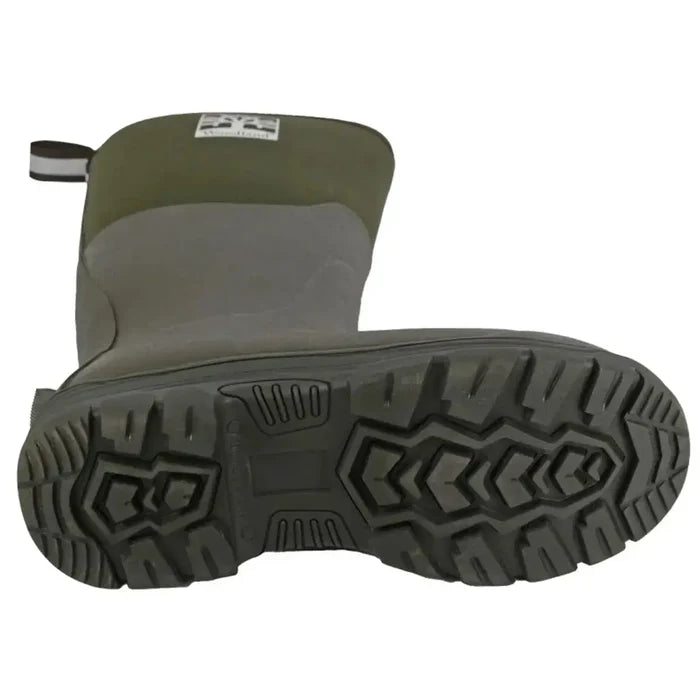 Close-up of the Woodland Mucker Wellington Boot outsole showing deep tread pattern for enhanced grip on muddy or uneven terrain.  from  John Bull Clothing