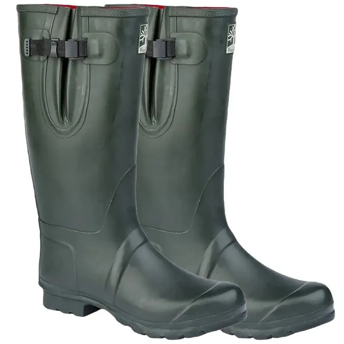 Pair of Woodland Neoprene Gusset Wellington boots in dark olive green, featuring thermal insulation and rugged design for outdoor use.  from  John Bull Clothing