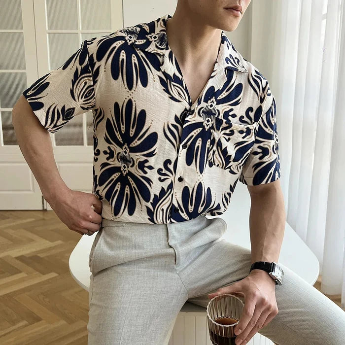 Wrinkle-Free loose short sleeve cuban shirt - AntoniosClothing - Blue