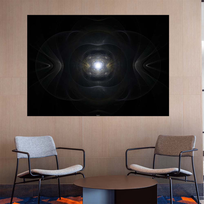 48 inch decal of abstract fractal art of a primordial relic emanating light from its heart installed on a wall above two chairs in an office waiting area