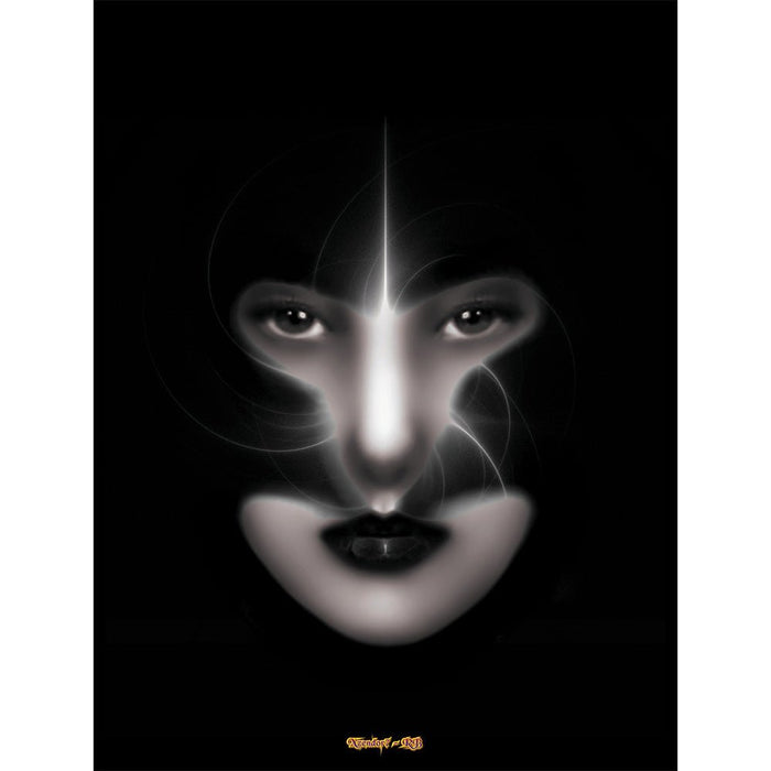 Fractal art of a womans face shadowed by her helmet with swirling white light gloss poster printed | Wallhogs