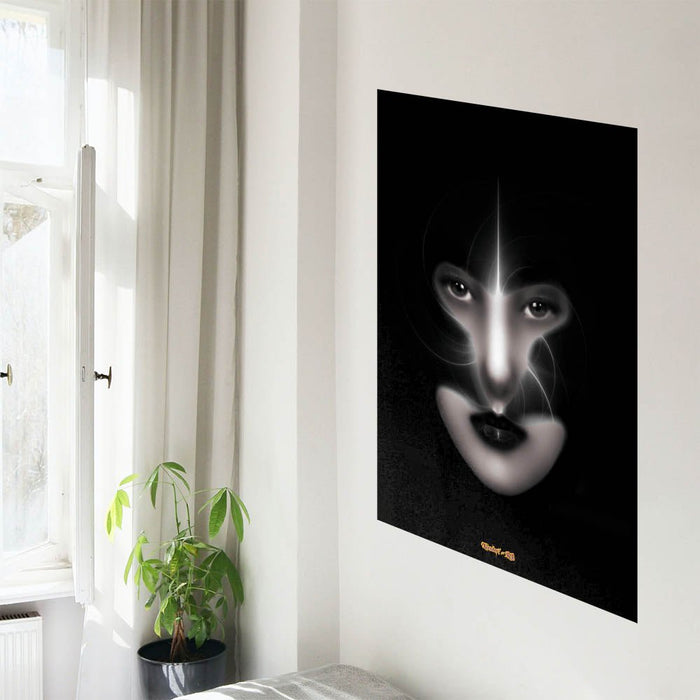 36 inch poster of fractal art of a womans face shadows by her helmet with swirling light light installed on a wall next to a window