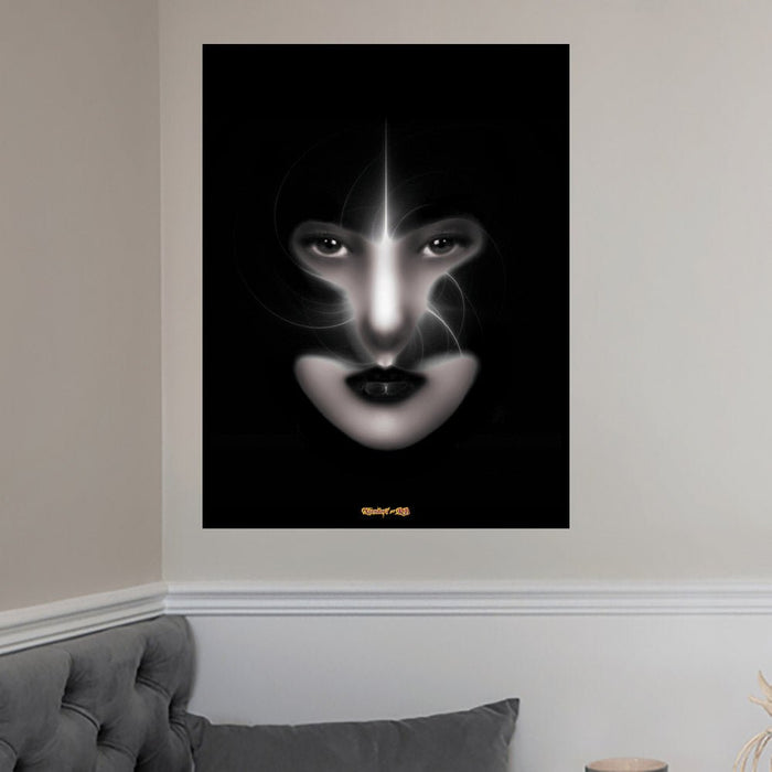 24 inch decal of fantasy fractal art of a womans face shadowed by her helmet with swirling white light displayed on a wall