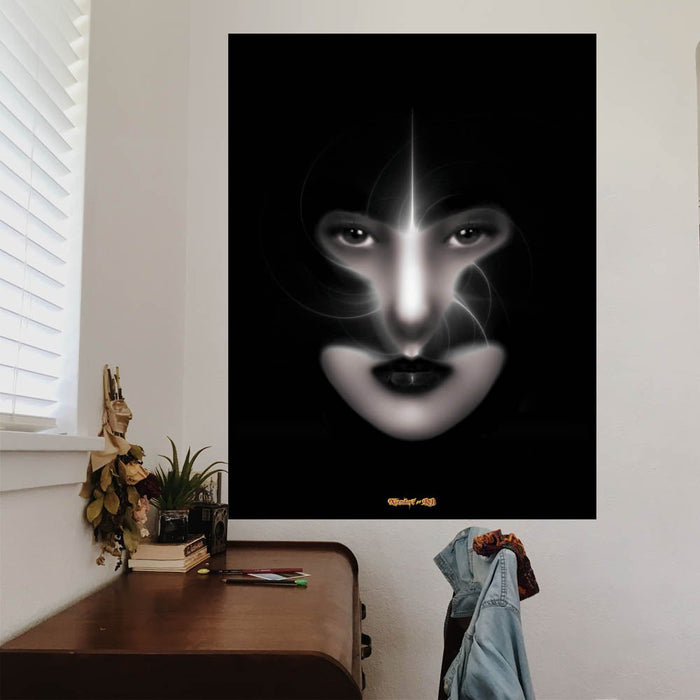 48 inch decal of fantasy fractal art of a womans face shadowed by her helmet with swirling white light displayed on a wall next to a desk and chair