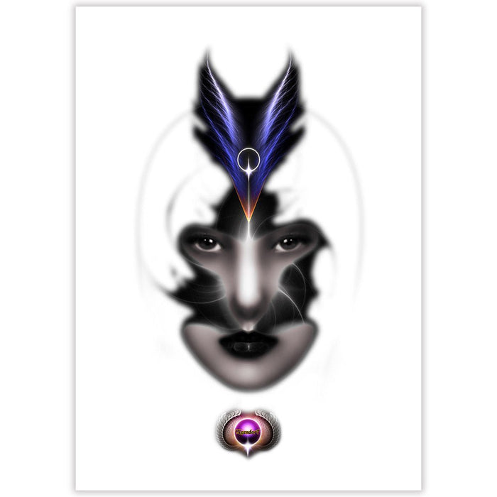 Fantasy wall decal of a womans head with a mystic look and feather headpiece wall decal printed | Wallhogs