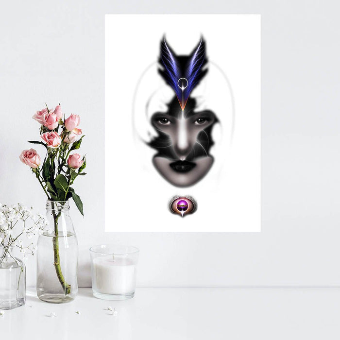 24 inch decal of an artistic depiction of a mystic woman wearing a feather headpiece installed on a white wall, with flowers and a candle in the foreground.
