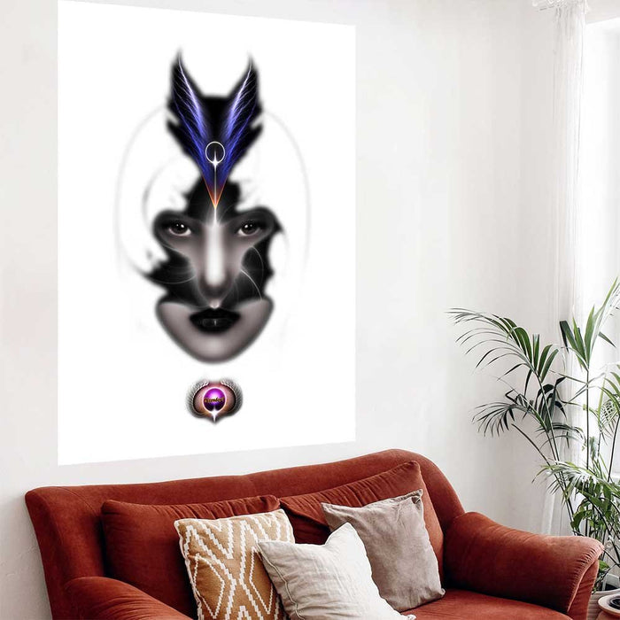 60 inch decal of an artistic depiction of a mystic woman wearing a feather headpiece installed on a white wall above a rust colored couch with pillows