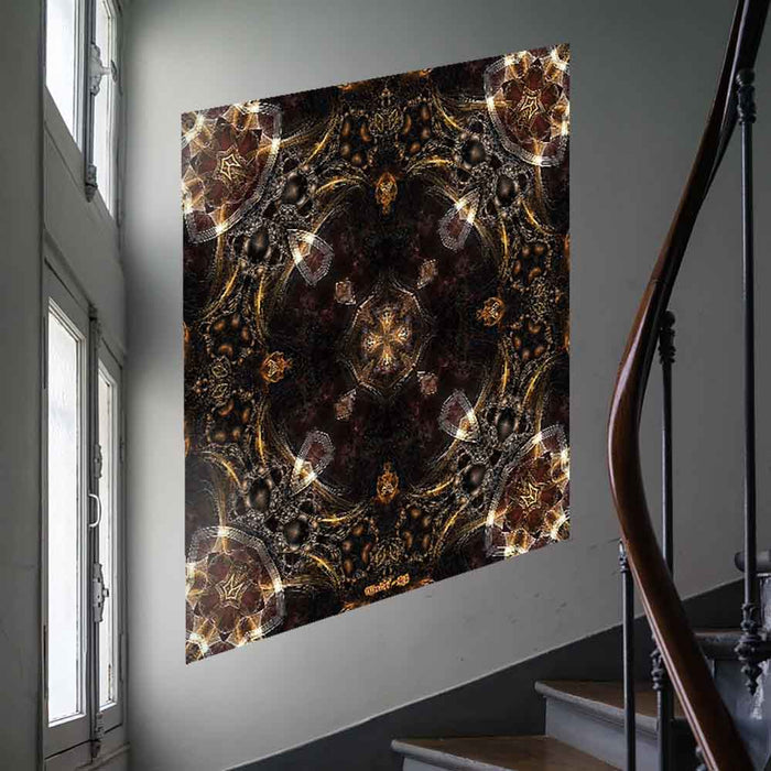 36 inch decal of a kaleidoscope of radiant gold, brown and bronze energy patterns with intricate designs and symmetrical arrangement installed on a wall along a staircase