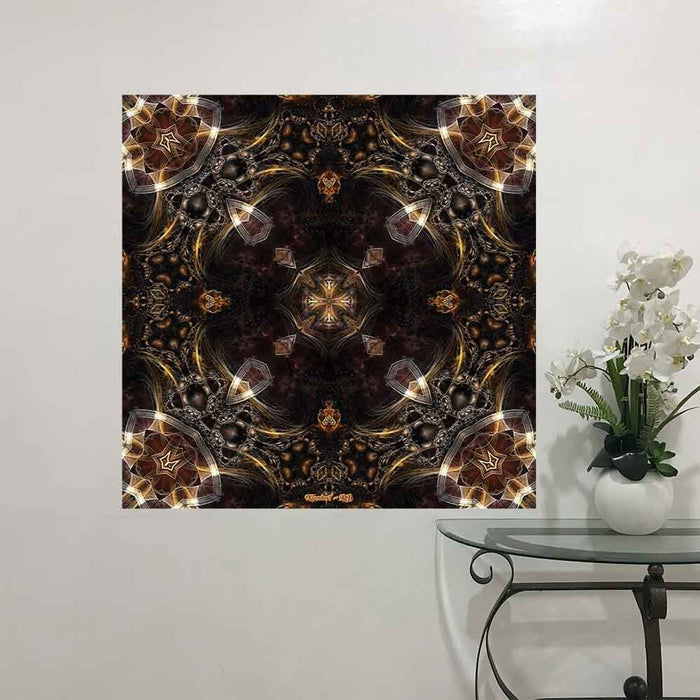 48 inch decal of a kaleidoscope of radiant gold, brown and bronze energy patterns with intricate designs and symmetrical arrangement installed on a wall above a glass table with a vase of flowers