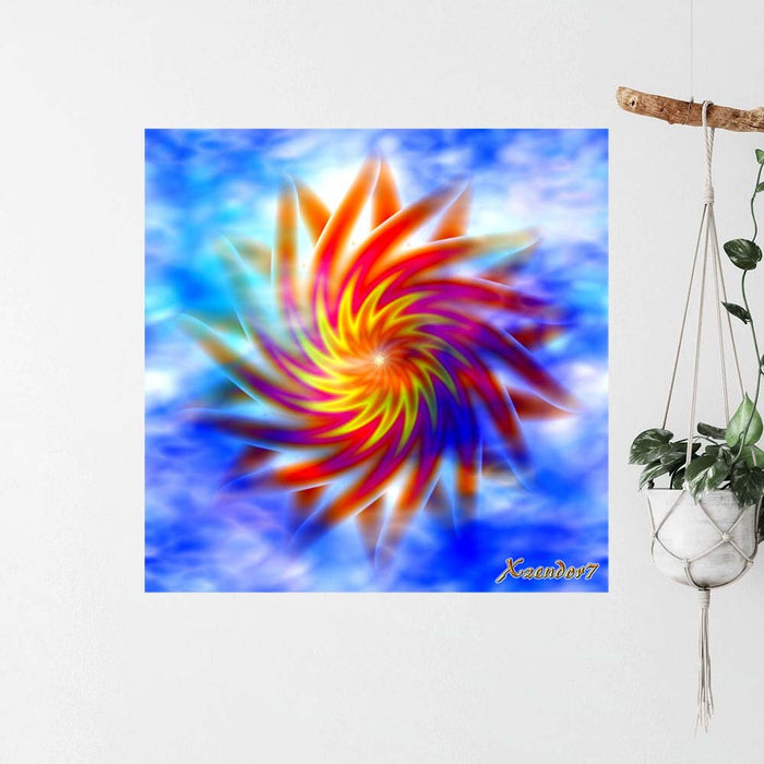 24 inch poster of fractal art of a bright magenta, red and yellow swirling star against a bright blue and white cloud background installed on wall next to hanging plant