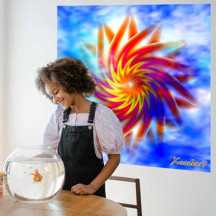 36 inch poster of fractal art of a bright magenta, red and yellow swirling star against a bright blue and white cloud background installed on wall behind a girl looking at her fish in a fishbowl