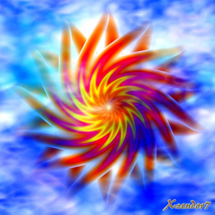 Fractal art of a magenta, red and yellow twirling sun against a bright blue cloudy background wall decal printed | Wallhogs