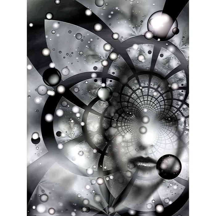 Abstract black and white fractal artwork features the ghostly visage of a woman emerging from an abstract spiral of cosmic grids, celestial spheres, and radiant particles gloss poster printed | Wallhogs