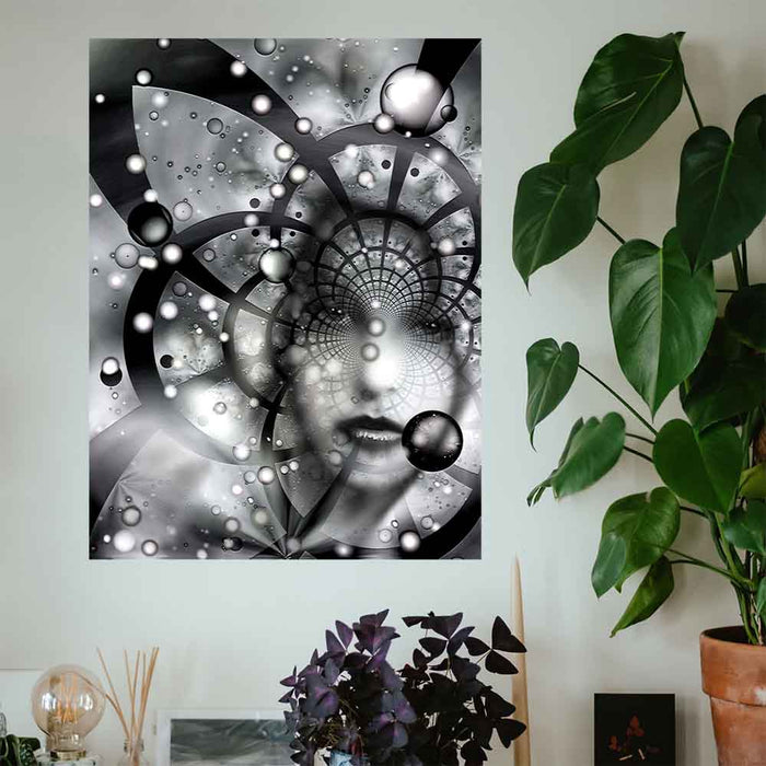 36 inch decal of an abstract black and white artwork capturing a striking face woven into a swirling tapestry of stars, nebulae, and cosmic energy installed on a wall above some potted plants
