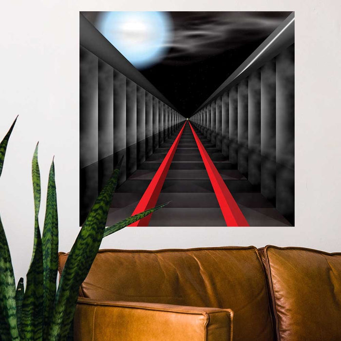 24 inch decal of an abstract tunnel with red rails extending into the distance toward a bright light, featuring a brown leather sofa and snake plant.