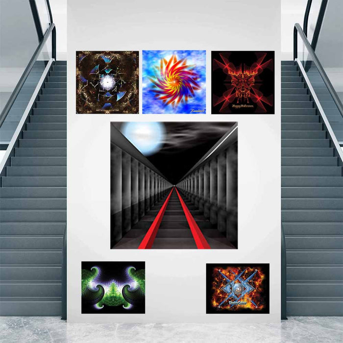 48 inch decal of an abstract tunnel with red rails extending into the distance toward a bright light installed on a wall with other digital art between two escalators
