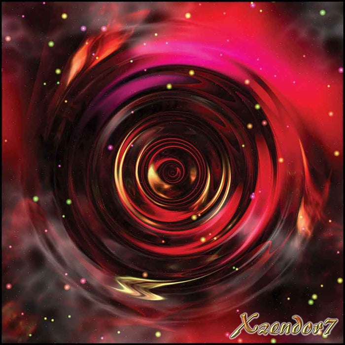 Red, gold and violet spiral vortex galaxy design with vibrant colors and artists logo in the corner gloss poster printed | Wallhogs