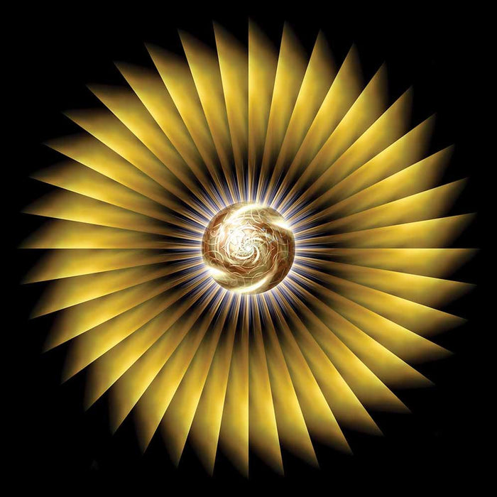 A central golden sphere, swirling with intricate detail, surrounded by a dazzling halo of sharp, metallic rays, evoking the brilliance of a digital sunburst gloss poster printed | Wallhogs
