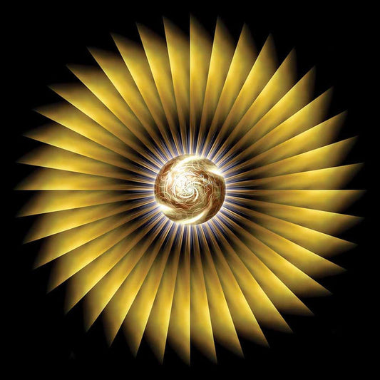A central golden sphere, swirling with intricate detail, surrounded by a dazzling halo of sharp, metallic rays, evoking the brilliance of a digital sunburst gloss poster printed | Wallhogs