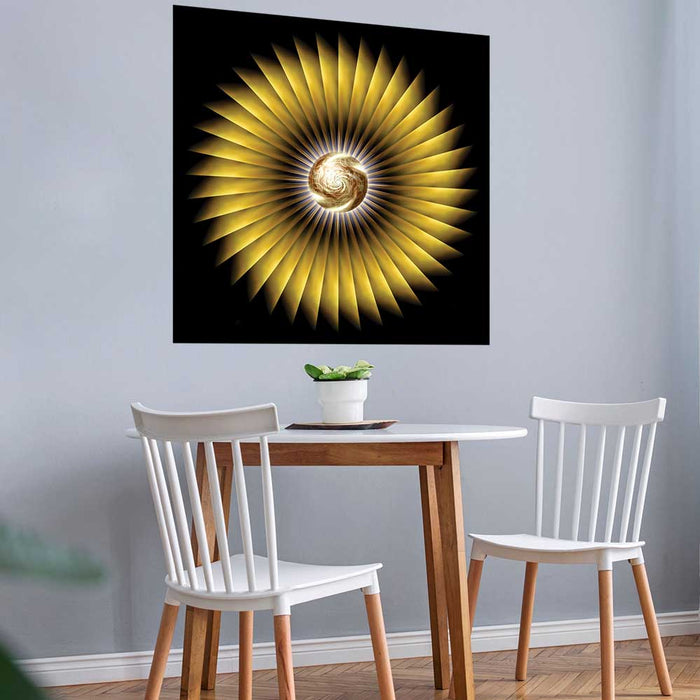 36 inch decal of a luminous golden orb pulsing with swirling fractals, surrounded by a brilliant explosion of sharp, symmetrical rays, forming a hypnotic sunburst installed on a wall above a small dining table and chairs