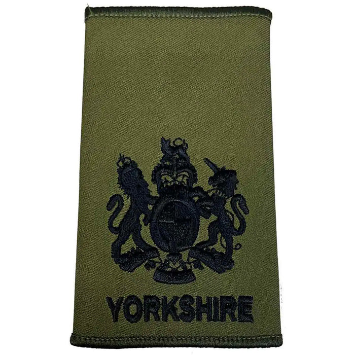 Yorkshire Regiment Olive Green Rank Slide with embroidered royal coat of arms and 'YORKSHIRE' text, used for senior appointments. WO1 from  John Bull Clothing