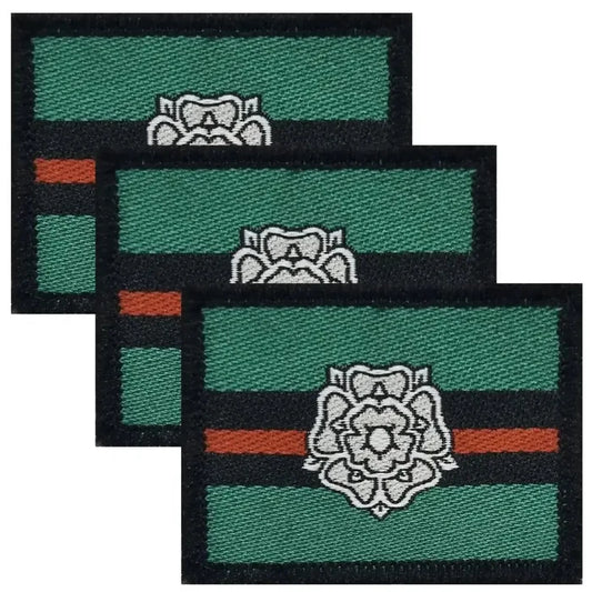 Set of three Yorkshire Regiment TRF patches with green, black, and red stripes and white rose emblem, iron or sew on from John Bulls. 3 Pack from  John Bull Clothing