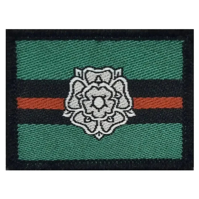 Single Yorkshire Regiment TRF patch featuring green background, black and red stripes, and central white rose, ideal for military uniforms. 1 Flash from  John Bull Clothing