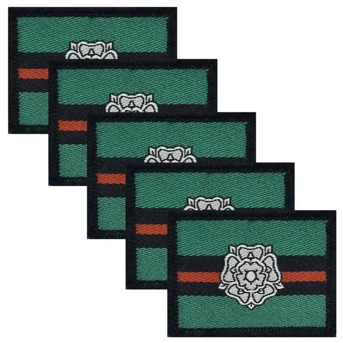 Pack of five Yorkshire Regiment TRF iron or sew on flashes with traditional regimental colors and white rose design, perfect for uniform use. 5 Pack from  John Bull Clothing